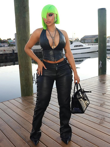 2026 Sexy Strappy Slim Fit PU Vest and Pants Set FC-1435