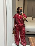 2026 Fashionable Printed Short-Sleeve Drawstring Waist-cinching Shirt and Wide-Leg Trousers Set QZ-7261
