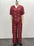 2026 Fashionable Printed Short-Sleeve Drawstring Waist-cinching Shirt and Wide-Leg Trousers Set QZ-7261