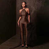 2026 Sexy Solid Color Slim Fit Halter Neck Ruffled Jumpsuit RS-26JP005