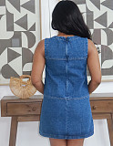 Casual Loose-fitting Round Neck Denim Vest Dress With Large Pockets RS-60213