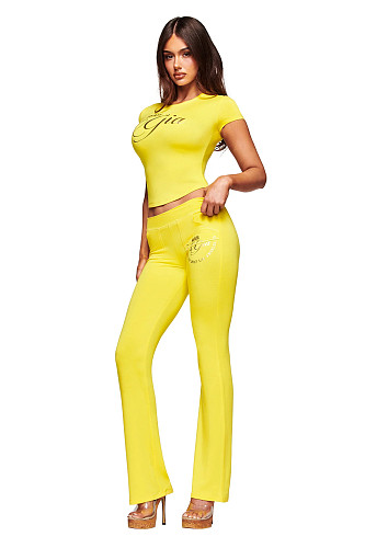 Casual Letter Print Stretch Short-Sleeve Top and Pants Set XS-26L2721
