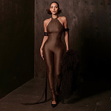 2026 Sexy Solid Color Slim Fit Halter Neck Ruffled Jumpsuit RS-26JP005
