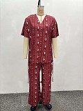 2026 Fashionable Printed Short-Sleeve Drawstring Waist-cinching Shirt and Wide-Leg Trousers Set QZ-7261