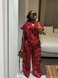 2026 Fashionable Printed Short-Sleeve Drawstring Waist-cinching Shirt and Wide-Leg Trousers Set QZ-7261
