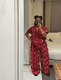 2026 Fashionable Printed Short-Sleeve Drawstring Waist-cinching Shirt and Wide-Leg Trousers Set QZ-7261