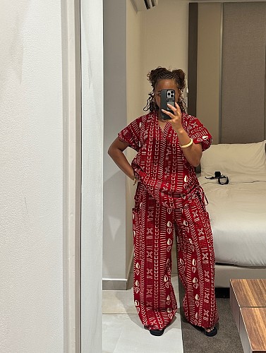 2026 Fashionable Printed Short-Sleeve Drawstring Waist-cinching Shirt and Wide-Leg Trousers Set QZ-7261