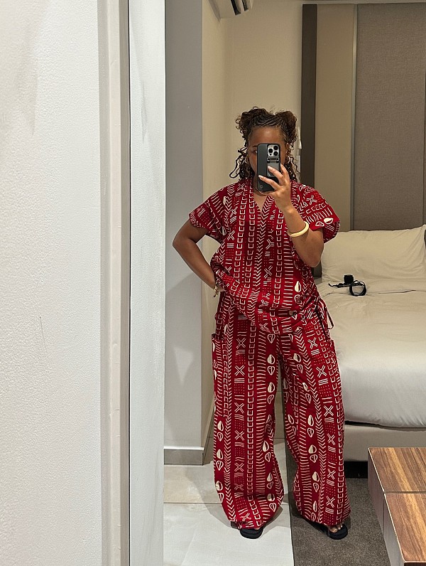 2026 Fashionable Printed Short-Sleeve Drawstring Waist-cinching Shirt and Wide-Leg Trousers Set QZ-7261