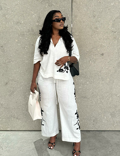 2026 Casual Loose-fitting Mid-sleeve Shirt and High-waisted Tie-waist Trousers Two-Piece Set QZ-7123