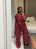2026 Fashionable Printed Short-Sleeve Drawstring Waist-cinching Shirt and Wide-Leg Trousers Set QZ-7261
