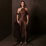 2026 Sexy Solid Color Slim Fit Halter Neck Ruffled Jumpsuit RS-26JP005