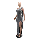 Silver Sexy Off-Shoulder Sleeveless High Slit Dress CYA-902227