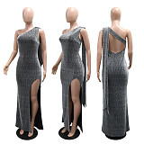 Silver Sexy Off-Shoulder Sleeveless High Slit Dress CYA-902227