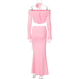 Sexy Strapless Long-Sleeved Top and Slim-Fit Skirt Set RS-13934