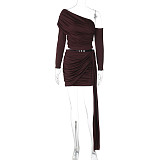 New Style One-Shoulder Long-Sleeve Top With Gathered Ribbon and Bodycon Mini Skirt Set RS-19948