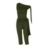 Fashionable Asymmetrical Neck Sleeveless Top and Slim Fit Tie-Waist Shorts Set RS-16570