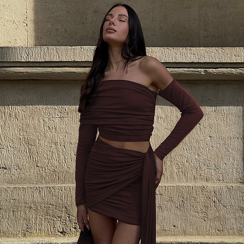 New Style One-Shoulder Long-Sleeve Top With Gathered Ribbon and Bodycon Mini Skirt Set RS-19948