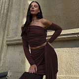 New Style One-Shoulder Long-Sleeve Top With Gathered Ribbon and Bodycon Mini Skirt Set RS-19948