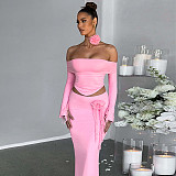Sexy Strapless Long-Sleeved Top and Slim-Fit Skirt Set RS-13934