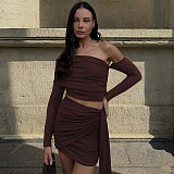 New Style One-Shoulder Long-Sleeve Top With Gathered Ribbon and Bodycon Mini Skirt Set RS-19948