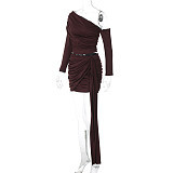 New Style One-Shoulder Long-Sleeve Top With Gathered Ribbon and Bodycon Mini Skirt Set RS-19948