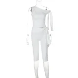 Fashionable Asymmetrical Neck Sleeveless Top and Slim Fit Tie-Waist Shorts Set RS-16570