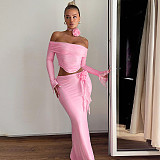 Sexy Strapless Long-Sleeved Top and Slim-Fit Skirt Set RS-13934