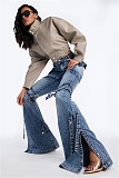 2026 Fashionable Lace-up Distressed Workwear Flared Jeans RS-508