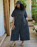 Casual Washed Single-Breasted Short-Sleeve Loose Denim Jumpsuit RS-60211