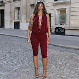 2026 Sexy Hot Girl Style Studded Halter Neck Backless Capri Jumpsuit RS-25JP015