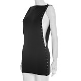 Sexy Solid Color Round Neck Eyelet Hollow-out Sleeveless Short Dress RS-25DS593