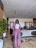 Casual Loose-fitting Collared Printed Shirt and High-waisted Wide-leg Trousers Two-Piece Set QZ-7349
