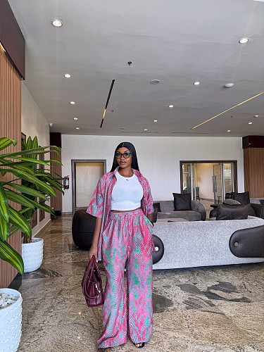 Casual Loose-fitting Collared Printed Shirt and High-waisted Wide-leg Trousers Two-Piece Set QZ-7349