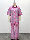Casual Loose-fitting Collared Printed Shirt and High-waisted Wide-leg Trousers Two-Piece Set QZ-7349