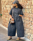 Casual Washed Single-Breasted Short-Sleeve Loose Denim Jumpsuit RS-60211