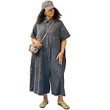 Casual Washed Single-Breasted Short-Sleeve Loose Denim Jumpsuit RS-60211