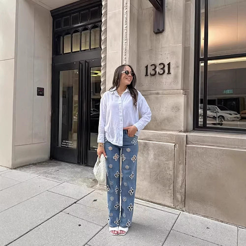 2026 Fashion Washed Straight Leg Embroidered Beaded Jeans RS-2753