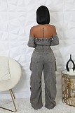 2026 Sexy Strapless Off-Shoulder Multi-Pocket Washed Straight-Leg Denim Jumpsuit RS-506