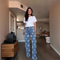 2026 Fashion Washed Straight Leg Embroidered Beaded Jeans RS-2753