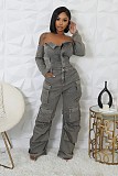 2026 Sexy Strapless Off-Shoulder Multi-Pocket Washed Straight-Leg Denim Jumpsuit RS-506