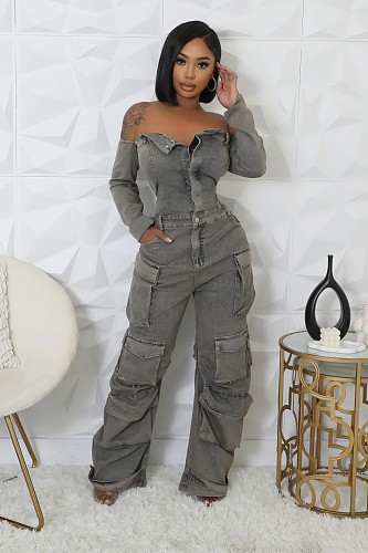 2026 Sexy Strapless Off-Shoulder Multi-Pocket Washed Straight-Leg Denim Jumpsuit RS-506