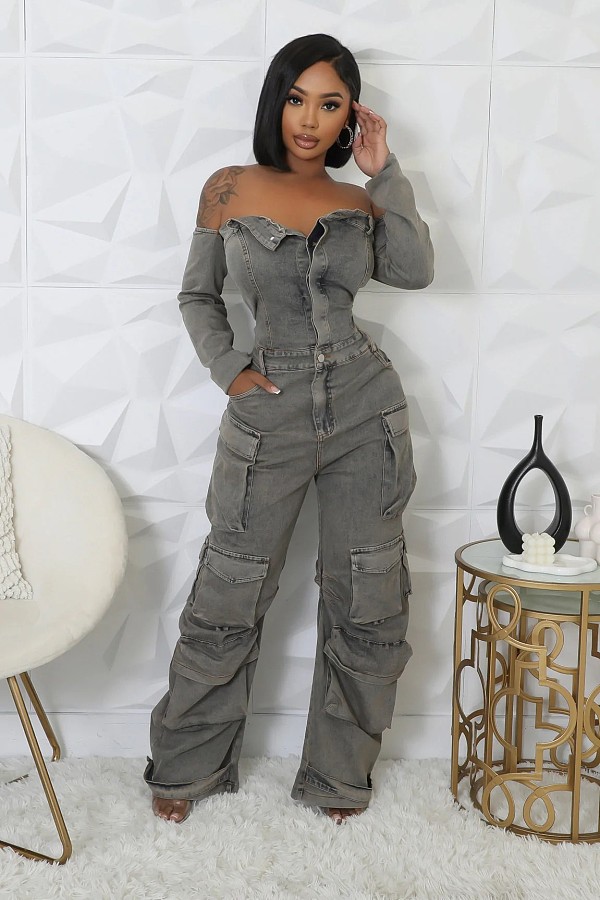 2026 Sexy Strapless Off-Shoulder Multi-Pocket Washed Straight-Leg Denim Jumpsuit RS-506