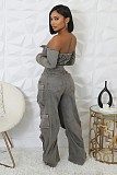 2026 Sexy Strapless Off-Shoulder Multi-Pocket Washed Straight-Leg Denim Jumpsuit RS-506