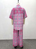 Casual Loose-fitting Collared Printed Shirt and High-waisted Wide-leg Trousers Two-Piece Set QZ-7349