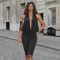 2026 Sexy Hot Girl Style Studded Halter Neck Backless Capri Jumpsuit RS-25JP015