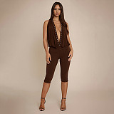2026 Sexy Hot Girl Style Studded Halter Neck Backless Capri Jumpsuit RS-25JP015