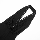 2026 Sexy Hot Girl Style Studded Halter Neck Backless Capri Jumpsuit RS-25JP015