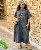 Casual Washed Single-Breasted Short-Sleeve Loose Denim Jumpsuit RS-60211