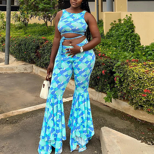 2026 Casual Sports Print Yoga Sleeveless Loose Tie-Waist Crop Pants Two-Piece Set JY-18913