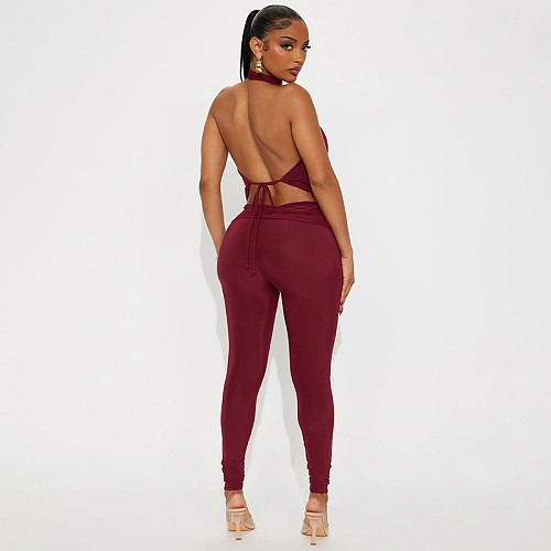2026 Solid Color Halter Neck Backless Tie-Neck Top and Toe Ring Pants Two-Piece Set RS-26ST020